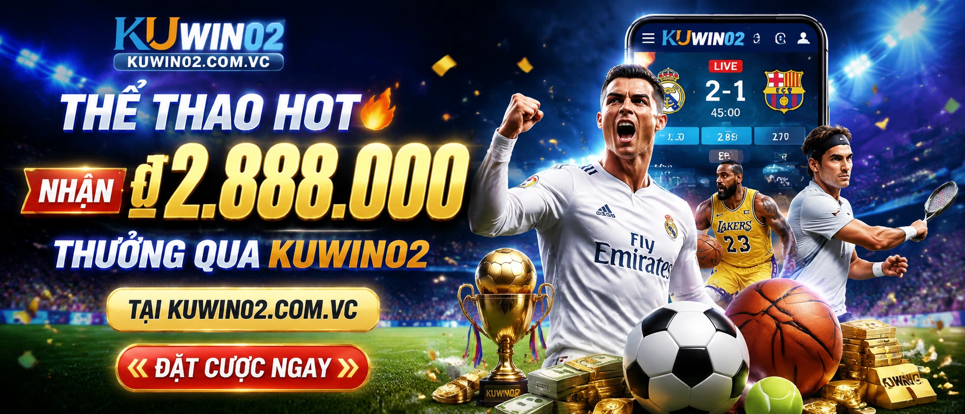 Không gian thể thao BJ888 với các môn bóng đá, bóng rổ, tennis và esports